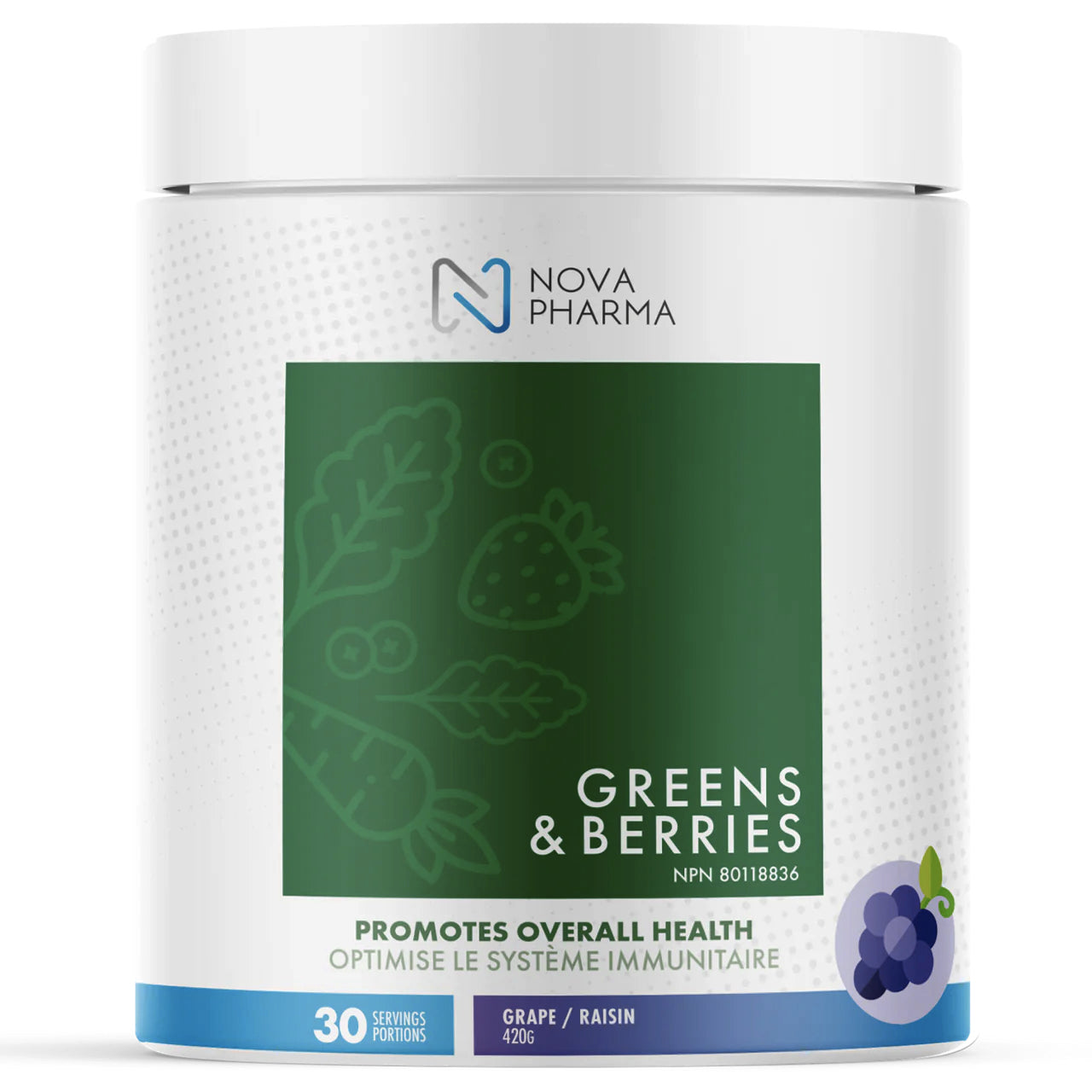 Greens & Berries - Aliments verts et baies - Nova Pharma - Raisin - 420g (30 portions)